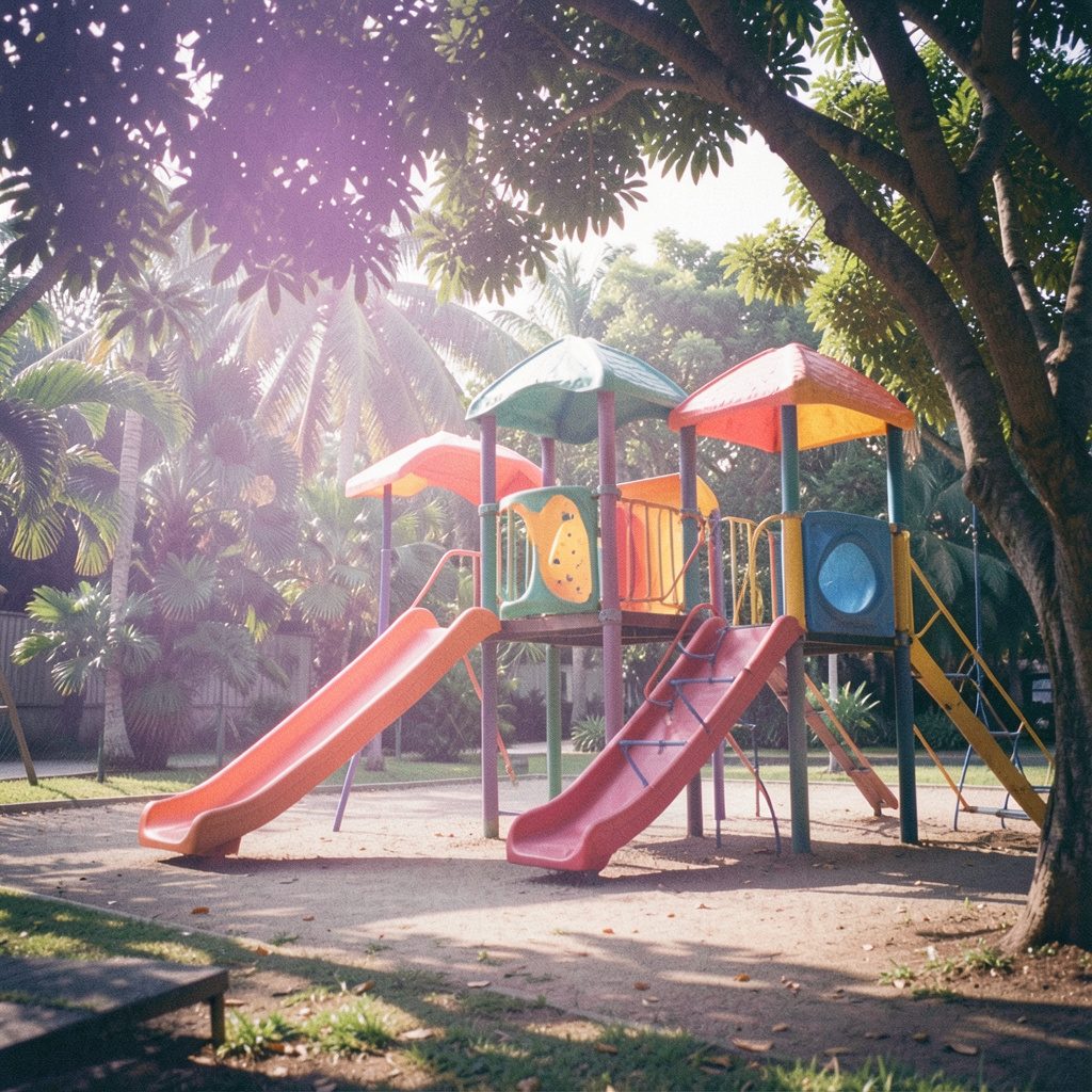 Colorful children's playground with slides and climbing structures, shaded by tropical trees, soft afternoon sunlight, calm and inviting