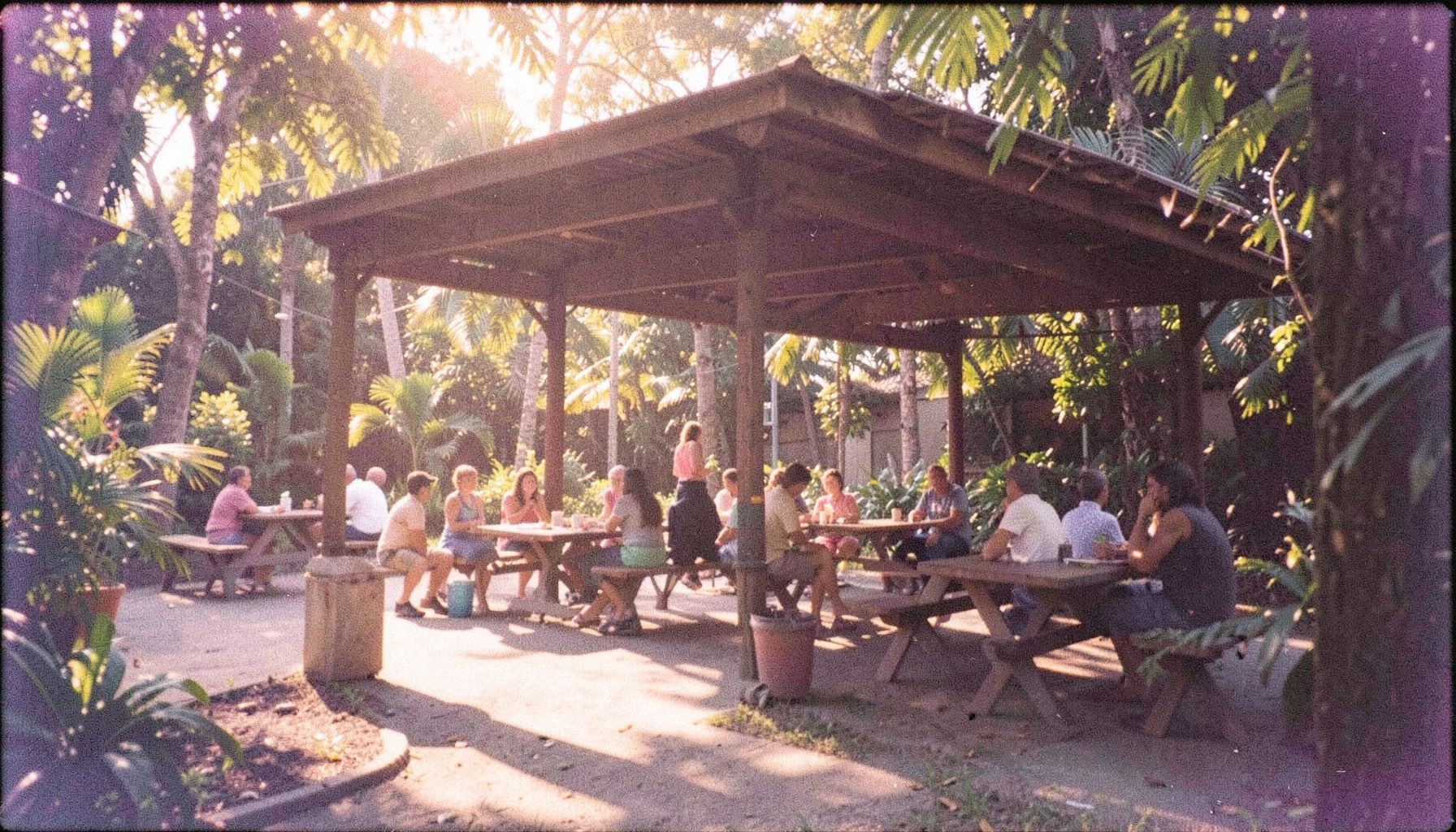 Analog film photograph with visible grain: a sunlit outdoor community gathering space with picnic tables under a wooden pavilion, warm golden light filtering through surrounding tropical greenery, relaxed and welcoming atmosphere.